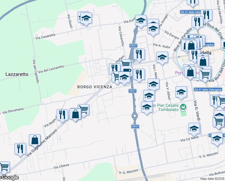 map of restaurants, bars, coffee shops, grocery stores, and more near 25 Via U. Foscolo in Cittadella