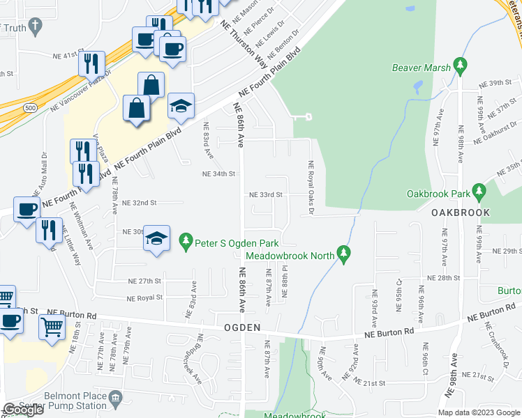 map of restaurants, bars, coffee shops, grocery stores, and more near 8619 Northeast 31st Circle in Vancouver