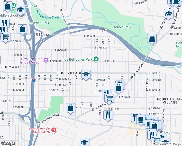 map of restaurants, bars, coffee shops, grocery stores, and more near East 33rd Street in Vancouver