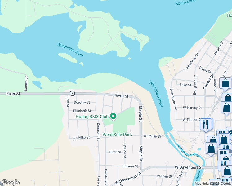 map of restaurants, bars, coffee shops, grocery stores, and more near 1004 River Street in Rhinelander