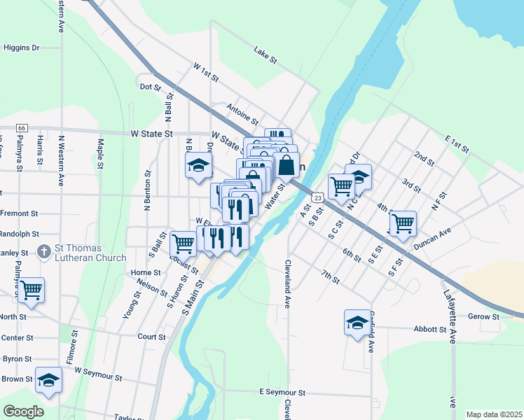 map of restaurants, bars, coffee shops, grocery stores, and more near 337 Water Street in Cheboygan