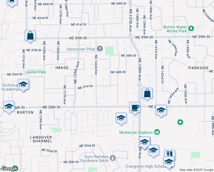 map of restaurants, bars, coffee shops, grocery stores, and more near 13407 Northeast 31st Street in Vancouver
