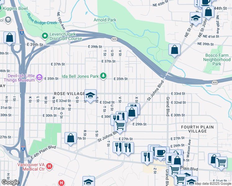map of restaurants, bars, coffee shops, grocery stores, and more near 2101 East 33rd Street in Vancouver