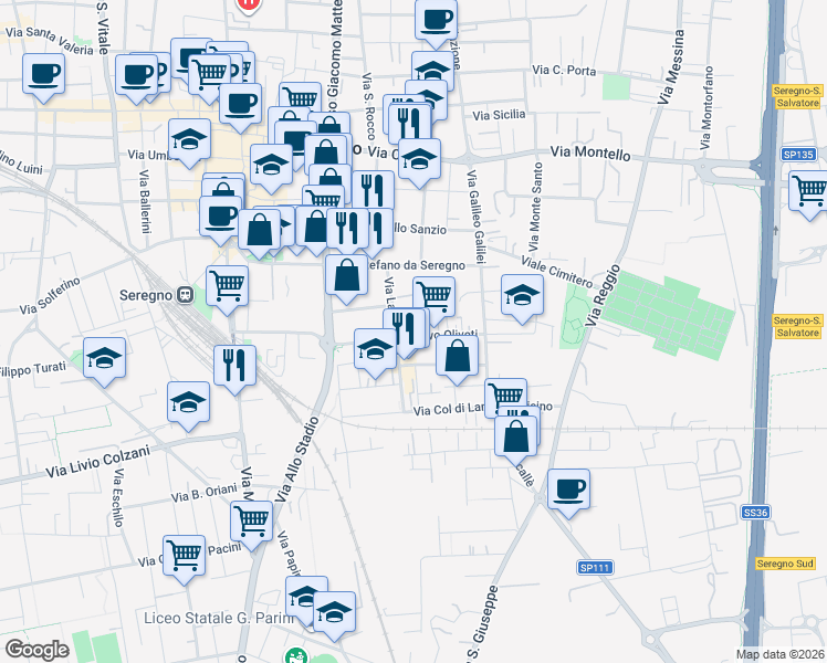 map of restaurants, bars, coffee shops, grocery stores, and more near 1 Via Ivo Oliveti in Seregno