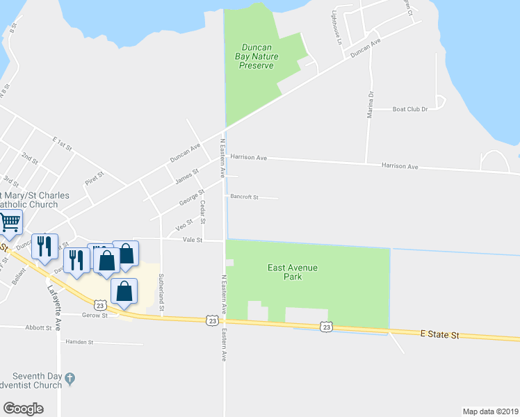 map of restaurants, bars, coffee shops, grocery stores, and more near 1580 Bancroft Street in Cheboygan