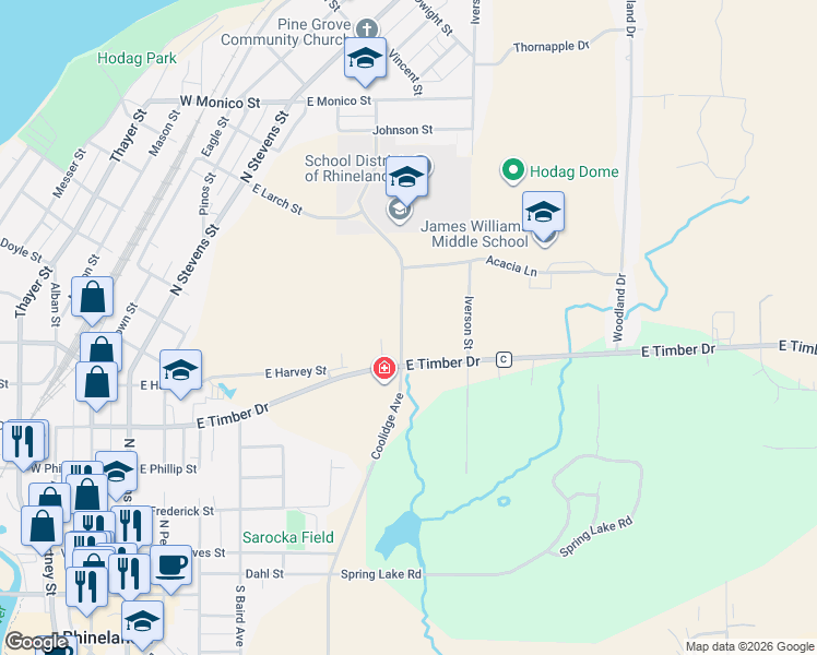 map of restaurants, bars, coffee shops, grocery stores, and more near 636 Coolidge Avenue in Rhinelander