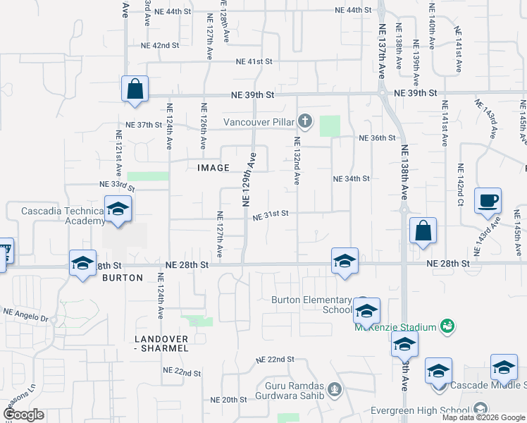 map of restaurants, bars, coffee shops, grocery stores, and more near 12910 Northeast 31st Street in Vancouver