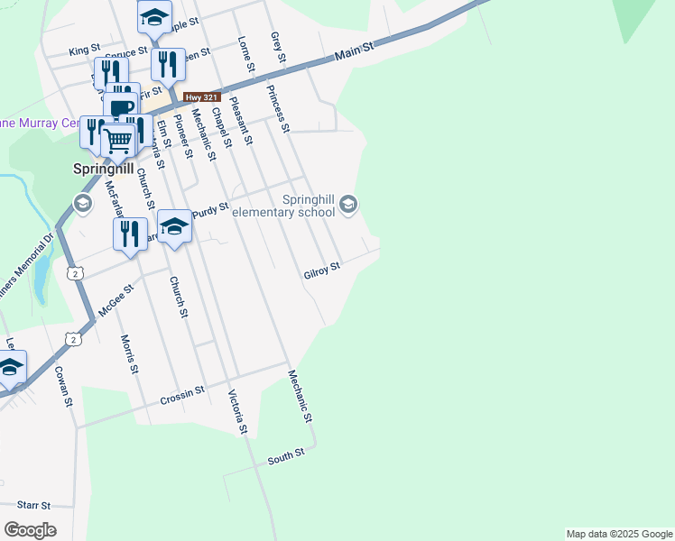 map of restaurants, bars, coffee shops, grocery stores, and more near 17 Gilroy Street in Springhill