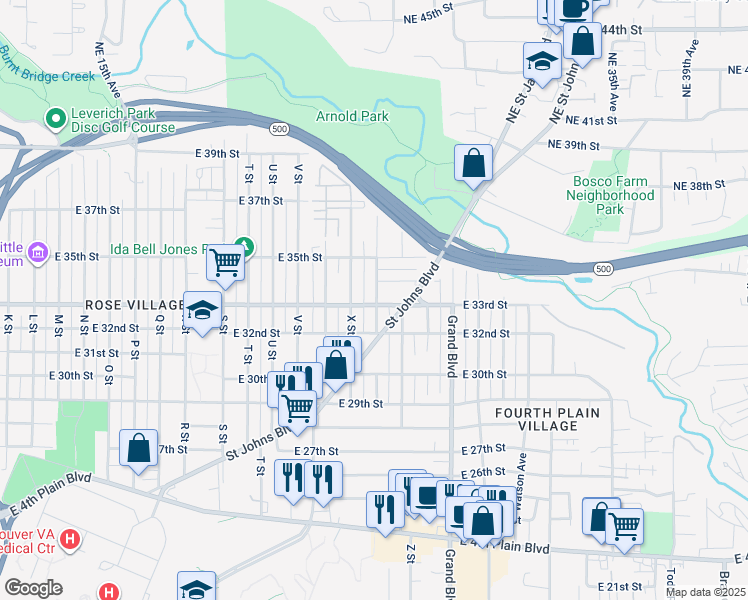 map of restaurants, bars, coffee shops, grocery stores, and more near 3214 Saint Johns Boulevard in Vancouver