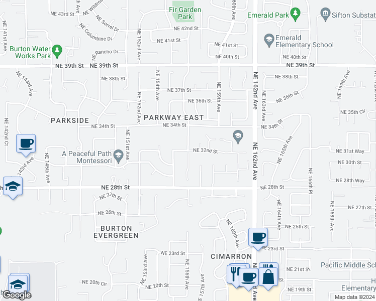map of restaurants, bars, coffee shops, grocery stores, and more near Northeast 157th Avenue in Vancouver