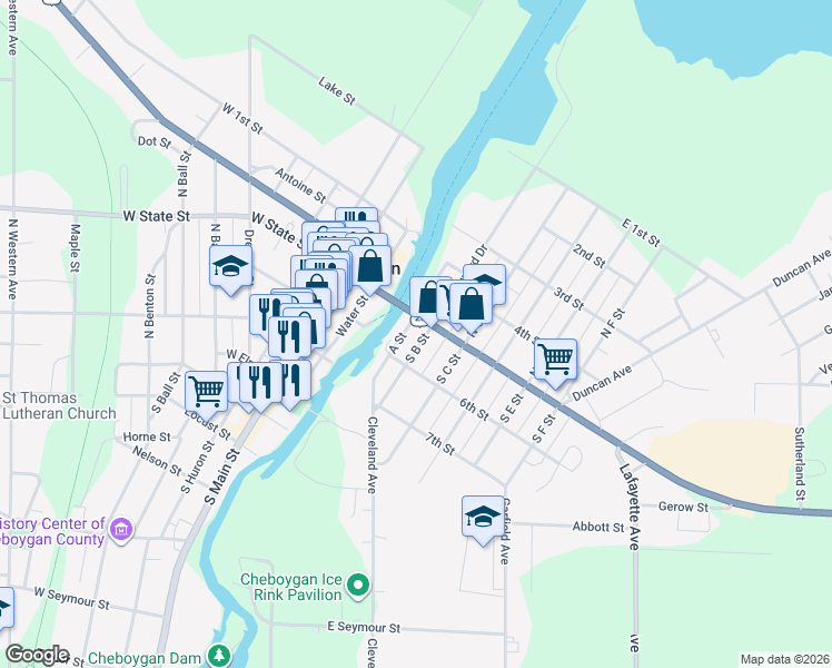 map of restaurants, bars, coffee shops, grocery stores, and more near 120 South B Street in Cheboygan