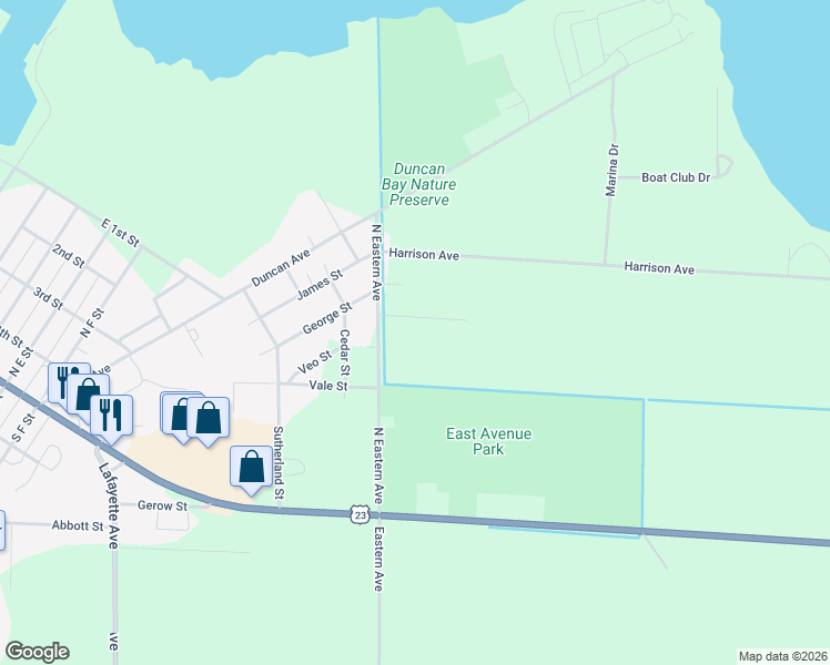 map of restaurants, bars, coffee shops, grocery stores, and more near 1580 Bancroft Street in Cheboygan