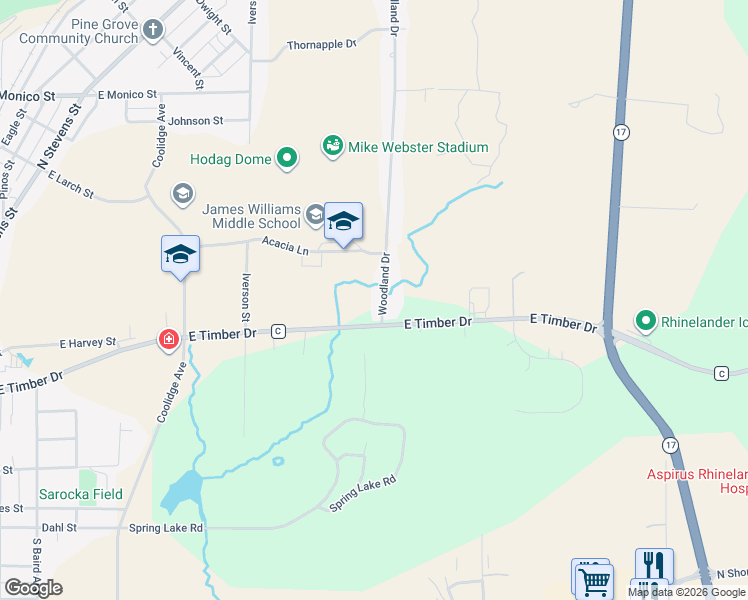 map of restaurants, bars, coffee shops, grocery stores, and more near 821 Woodland Drive in Rhinelander