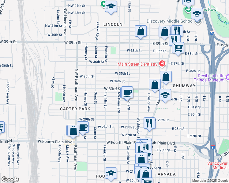 map of restaurants, bars, coffee shops, grocery stores, and more near 411 West 33rd Street in Vancouver