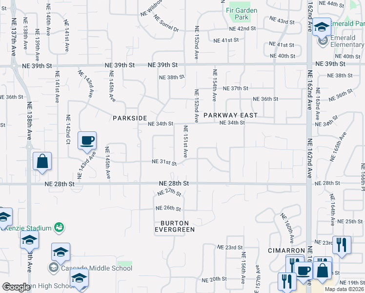 map of restaurants, bars, coffee shops, grocery stores, and more near 3200 Northeast 151st Avenue in Vancouver