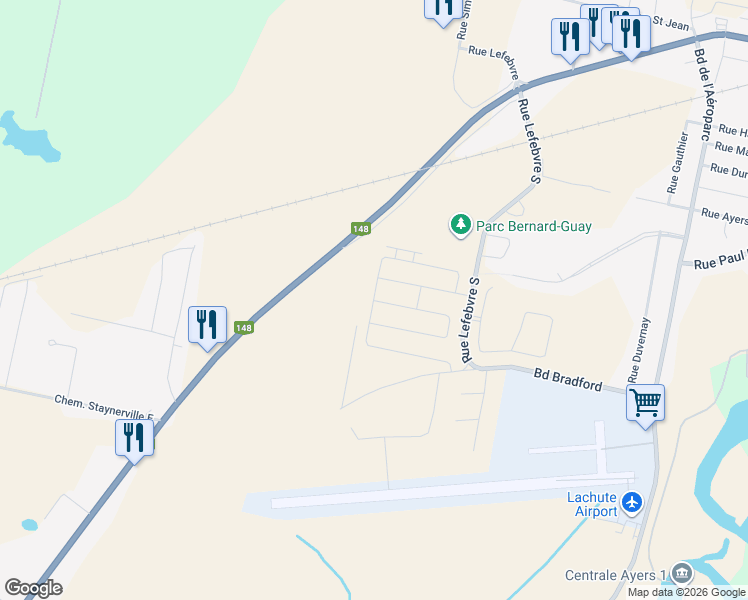 map of restaurants, bars, coffee shops, grocery stores, and more near Rue du Grenoble in Lachute