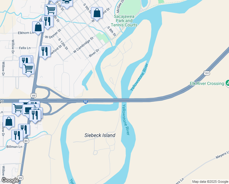 map of restaurants, bars, coffee shops, grocery stores, and more near Island Park Road in Livingston