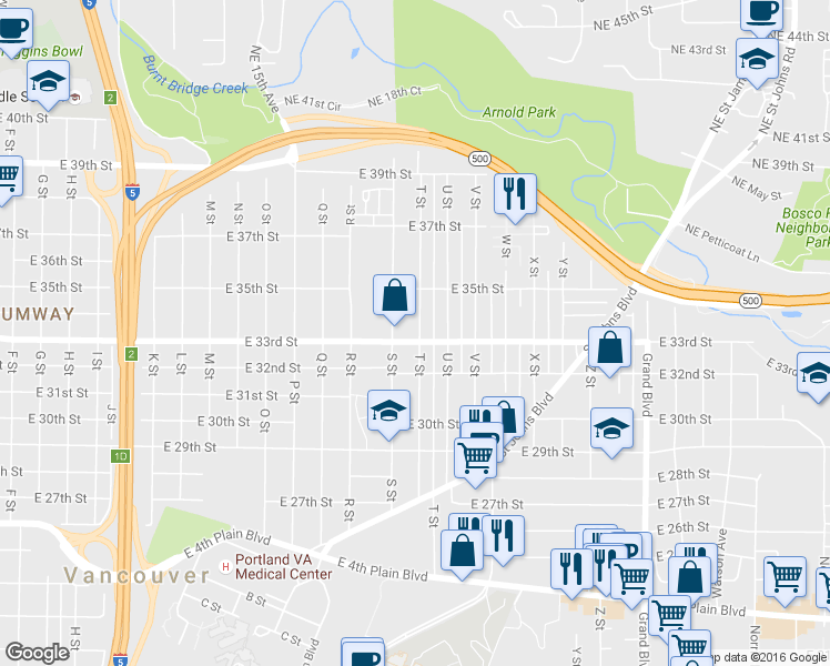 map of restaurants, bars, coffee shops, grocery stores, and more near 3302 T Street in Vancouver