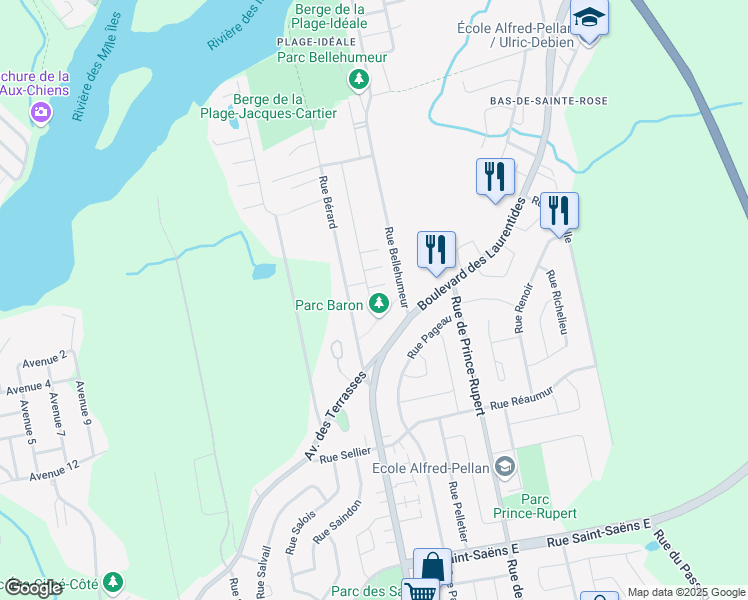 map of restaurants, bars, coffee shops, grocery stores, and more near 22 Rue Baron in Laval