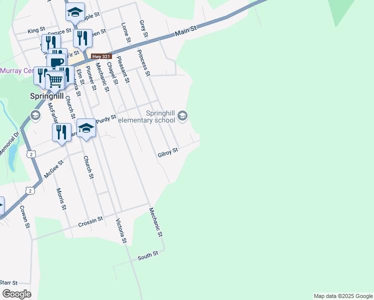 map of restaurants, bars, coffee shops, grocery stores, and more near 17 Gilroy Street in Springhill