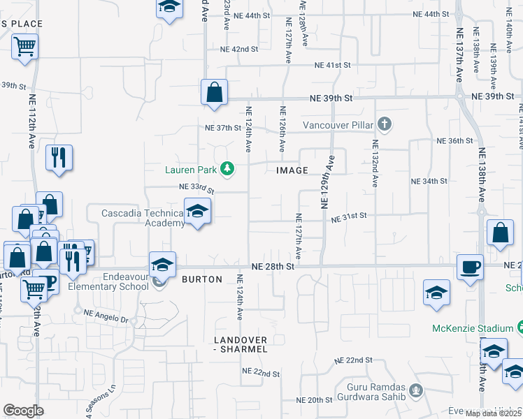 map of restaurants, bars, coffee shops, grocery stores, and more near 3207 Northeast 124th Avenue in Vancouver