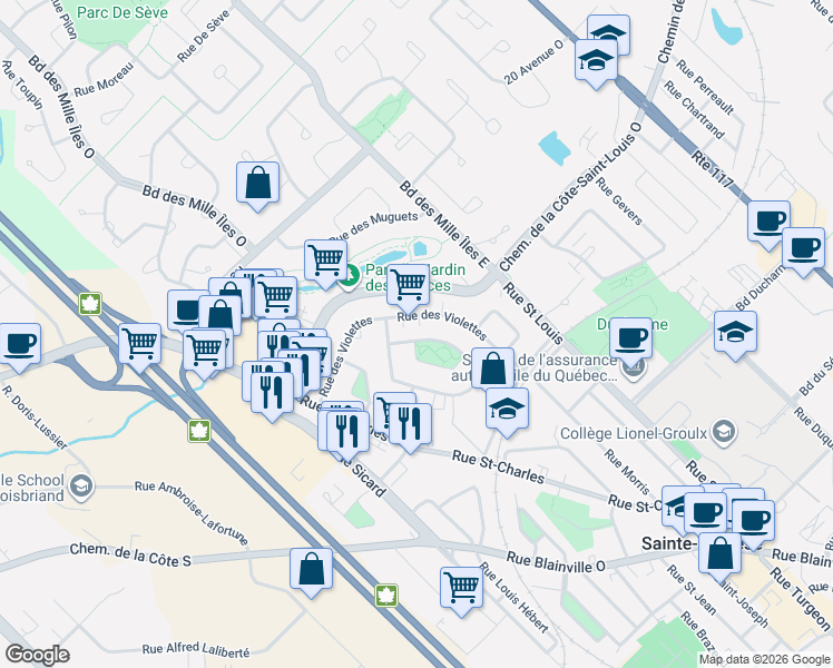 map of restaurants, bars, coffee shops, grocery stores, and more near 214 Rue des Primevères in Sainte-Thérèse
