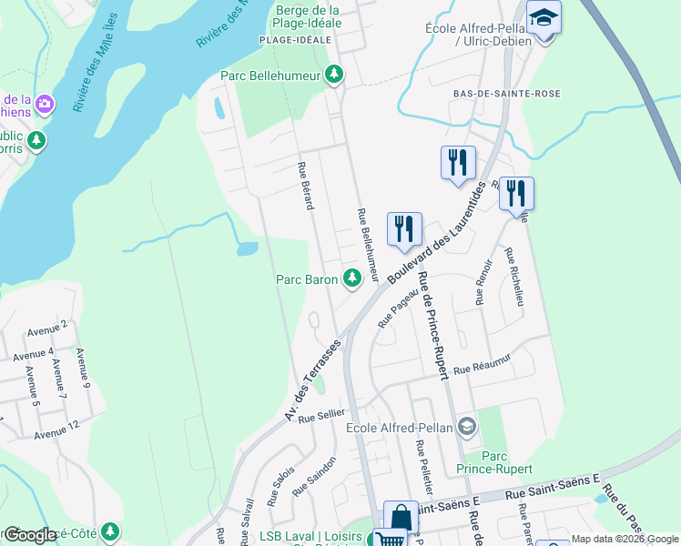 map of restaurants, bars, coffee shops, grocery stores, and more near 27 Rue Baron in Laval