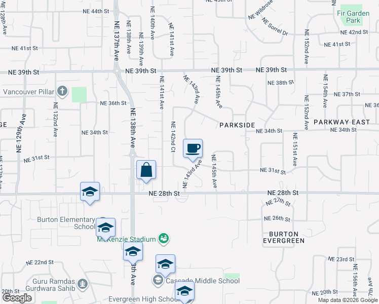 map of restaurants, bars, coffee shops, grocery stores, and more near 3111 Northeast Edelweiss Avenue in Vancouver