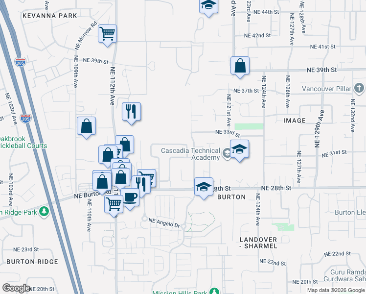 map of restaurants, bars, coffee shops, grocery stores, and more near 3107 Northeast 118th Avenue in Vancouver
