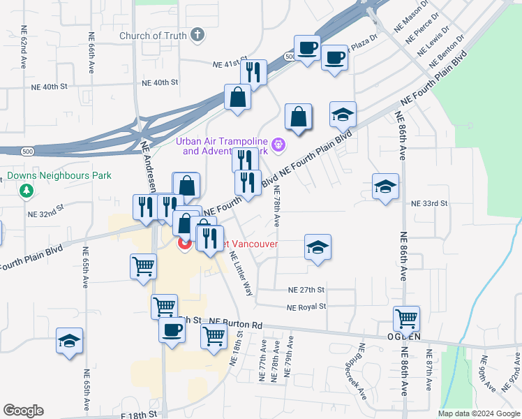 map of restaurants, bars, coffee shops, grocery stores, and more near 3102 Northeast 78th Avenue in Vancouver