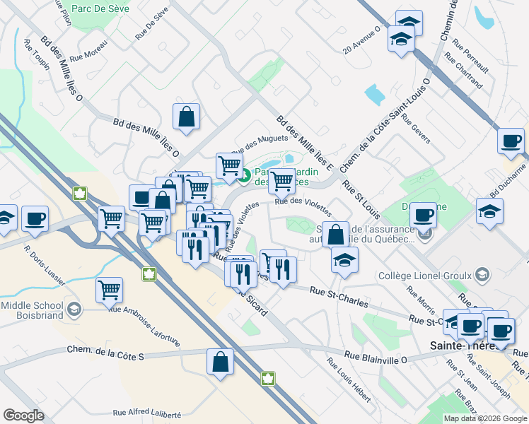 map of restaurants, bars, coffee shops, grocery stores, and more near 305 Rue des Myosotis in Sainte-Thérèse