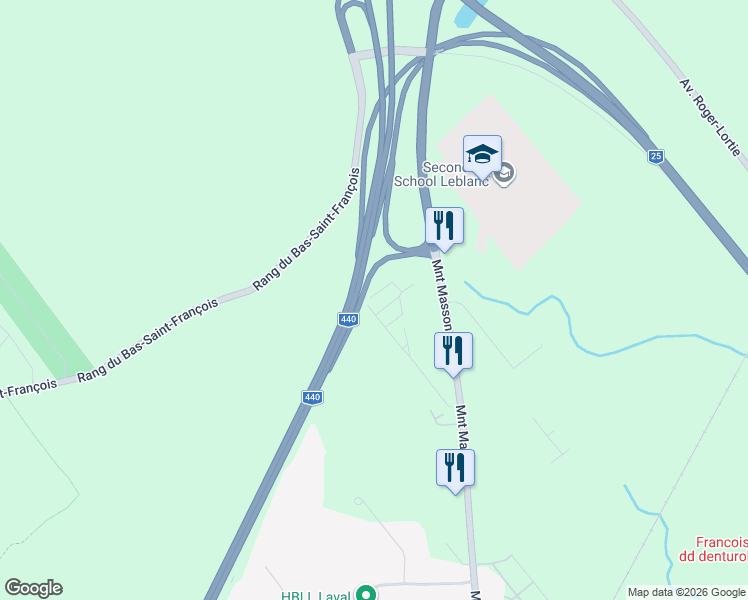 map of restaurants, bars, coffee shops, grocery stores, and more near 1495 Montée Masson in Laval