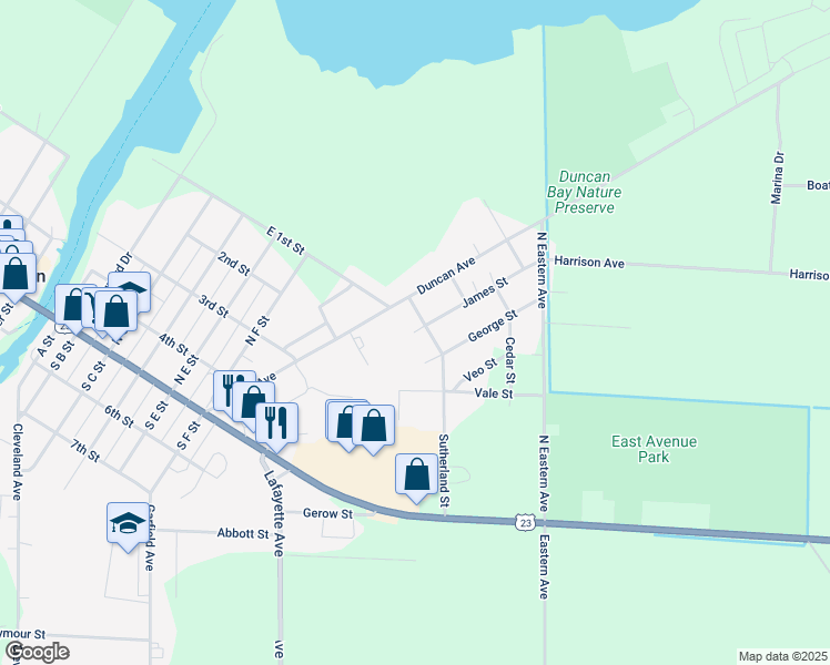 map of restaurants, bars, coffee shops, grocery stores, and more near 208 James Street in Cheboygan