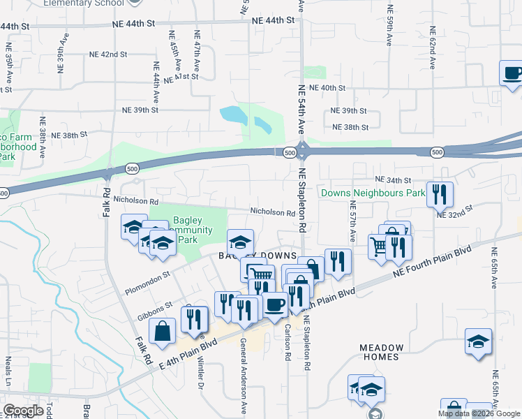 map of restaurants, bars, coffee shops, grocery stores, and more near 3212 Northeast 51st Court in Vancouver