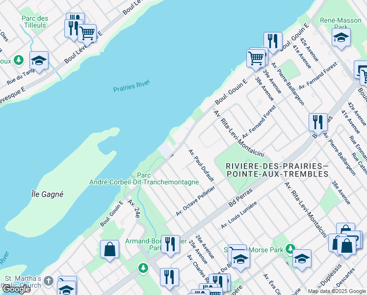 map of restaurants, bars, coffee shops, grocery stores, and more near 8372 Boulevard Gouin Est in Montréal