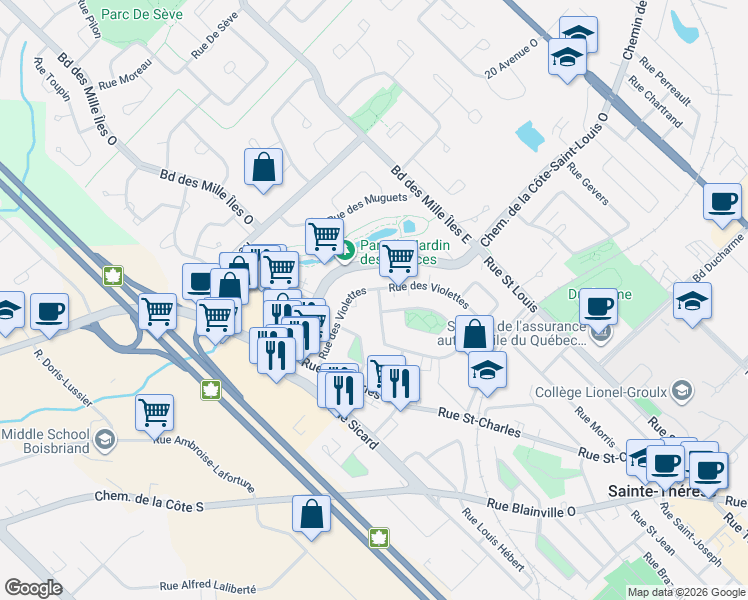 map of restaurants, bars, coffee shops, grocery stores, and more near 305 Rue des Myosotis in Sainte-Thérèse