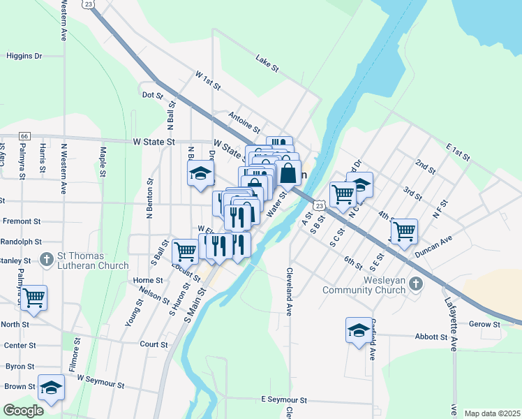 map of restaurants, bars, coffee shops, grocery stores, and more near 337 Water Street in Cheboygan