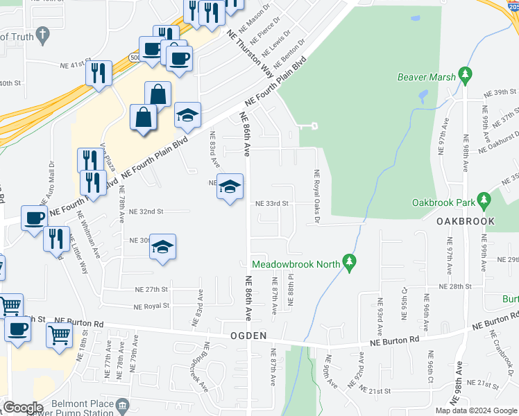 map of restaurants, bars, coffee shops, grocery stores, and more near 8600 Northeast 31st Circle in Vancouver