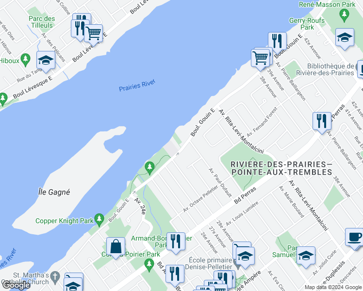 map of restaurants, bars, coffee shops, grocery stores, and more near 8359 Boulevard Gouin Est in Montréal