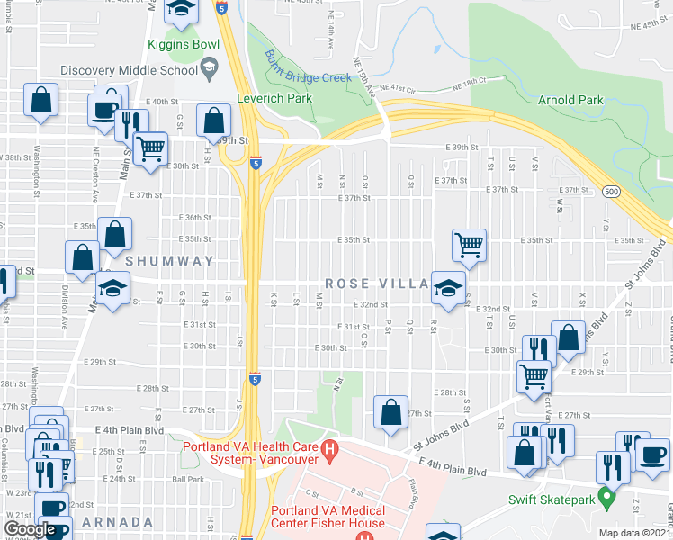 map of restaurants, bars, coffee shops, grocery stores, and more near 3308 N Street in Vancouver