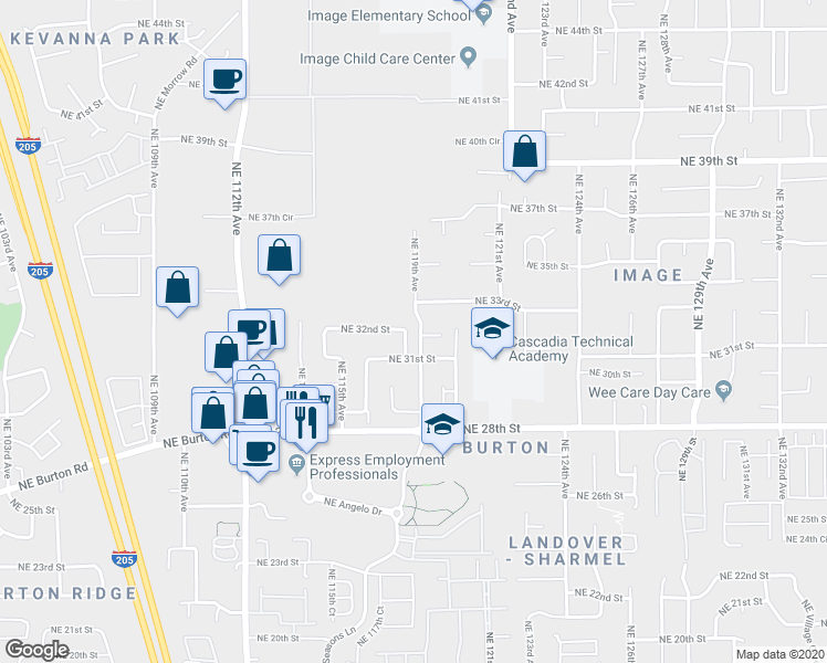 map of restaurants, bars, coffee shops, grocery stores, and more near 3107 Northeast 118th Avenue in Vancouver