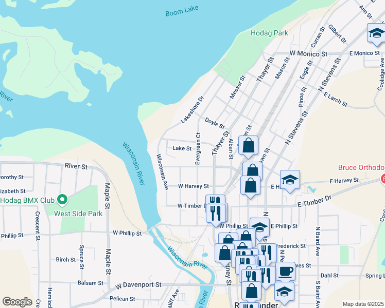 map of restaurants, bars, coffee shops, grocery stores, and more near 420 High Street in Rhinelander