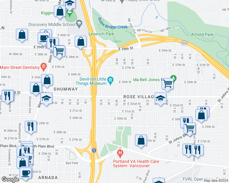 map of restaurants, bars, coffee shops, grocery stores, and more near 3310 M Street in Vancouver