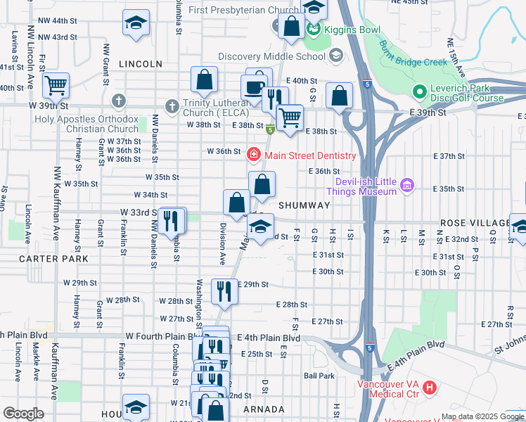 map of restaurants, bars, coffee shops, grocery stores, and more near 401 East 33rd Street in Vancouver