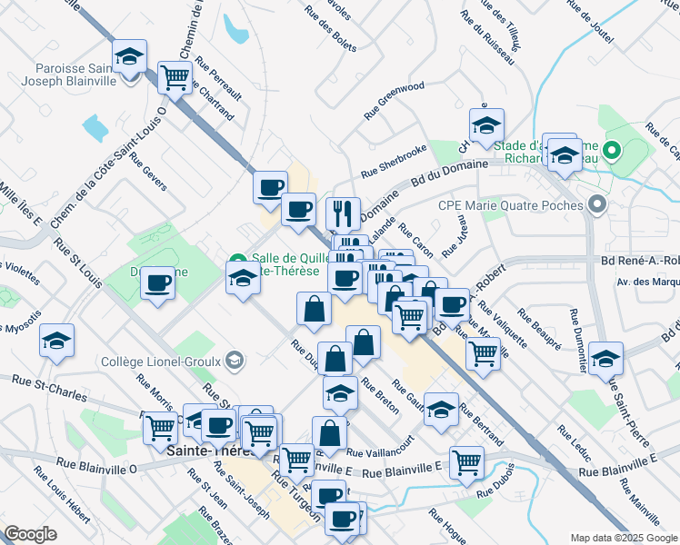 map of restaurants, bars, coffee shops, grocery stores, and more near 264 Boulevard Curé-Labelle in Sainte-Thérèse