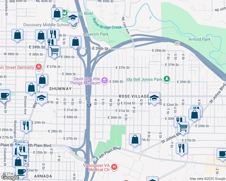 map of restaurants, bars, coffee shops, grocery stores, and more near 3214 N Street in Vancouver