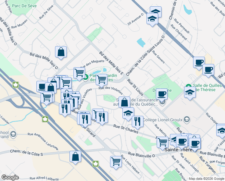 map of restaurants, bars, coffee shops, grocery stores, and more near 205 Rue des Violettes in Sainte-Thérèse