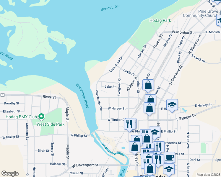 map of restaurants, bars, coffee shops, grocery stores, and more near 429 Lake Street in Rhinelander