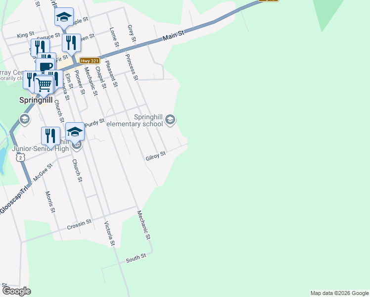 map of restaurants, bars, coffee shops, grocery stores, and more near 19 Gilroy Street in Springhill