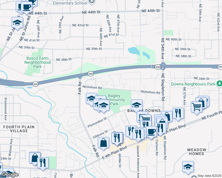 map of restaurants, bars, coffee shops, grocery stores, and more near 4607 Plomondon Street in Vancouver